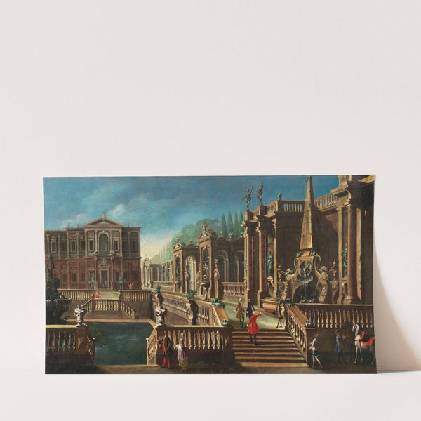 View of a villa with a fountain, gardens and elegant figures by Francesco Battaglioli