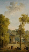 View of a walled garden courtyard, with a woman feeding chickens and other figures in the foreground
