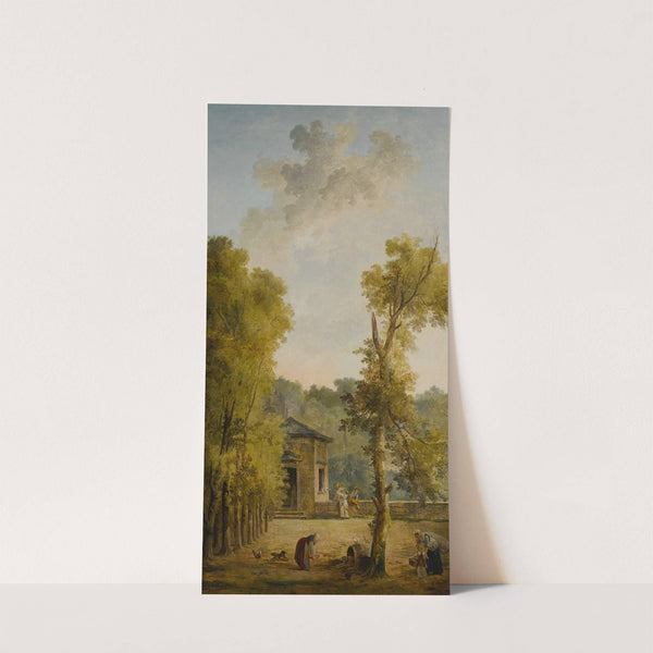 View of a walled garden courtyard, with a woman feeding chickens and other figures in the foreground by Hubert Robert
