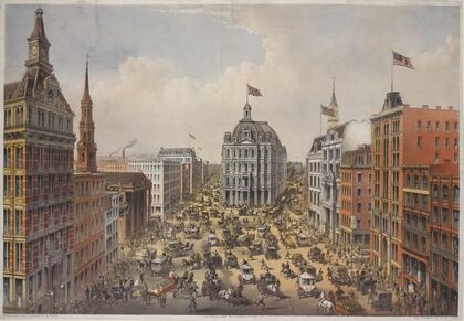 View of Broadway, looking north from just below Fulton St. St. Paul’s on the left, post office in centre (1875)