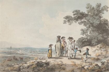 View of London with St. Paul’s in the Distance; A Family Pausing on a Road