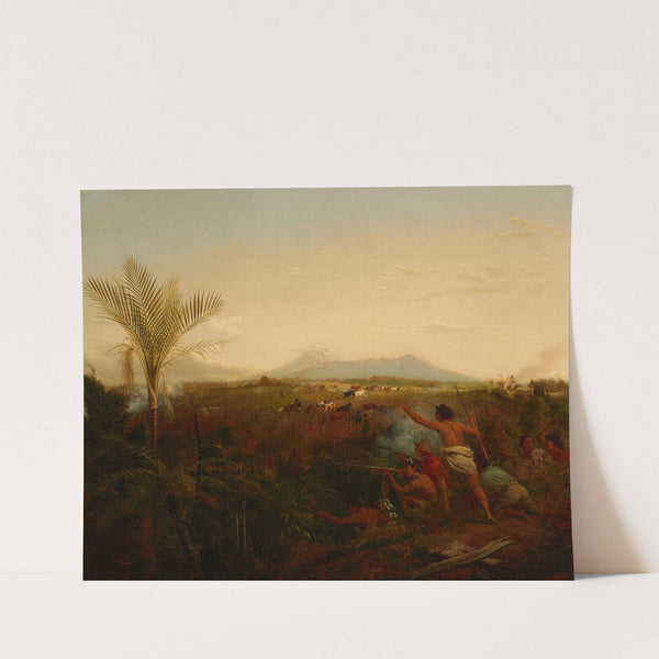 View of Mt Egmont, Taranaki, New Zealand, taken from New Plymouth, with Maoris driving off settlers’ cattle by William Strutt