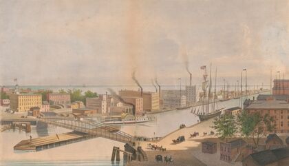 View of Rush St. bridge & c. from Nortons Block River St. E. Whitefield’s views of Chicago