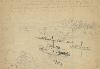 View of the bend in the James river round Farrars Island above Dutch Gap showing the obstructions sunk by Admiral Lee