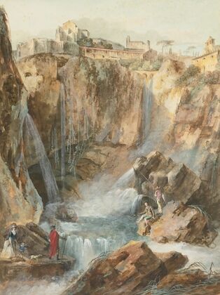 View Of The Cascades At Tivoli With Fishermen And Tourists