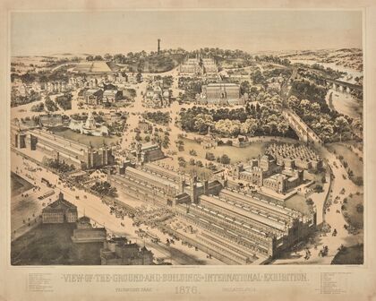 View of the ground and buildings, International Exhibition. Fairmount Park, Philadelphia, Pa. 1876. (1876)