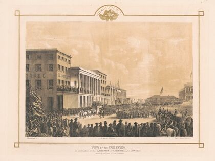 View of the procession in celebration of the admission of California, Oct. 19th, 1850. Crossing the Plaza of San Francisco (1850)