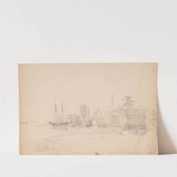 View of the stores at the mouth of the Mill River with the English sloop at anchor taken from the ground Walter Perrys (1809-1844) by John Rubens Smith