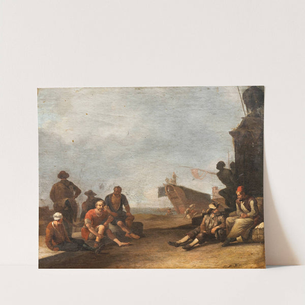 View on a Sourthern harbor with merchants and prisoners, a ship and the statue of Ferdinand I de’ Medici in Livorno by Johannes Lingelbach
