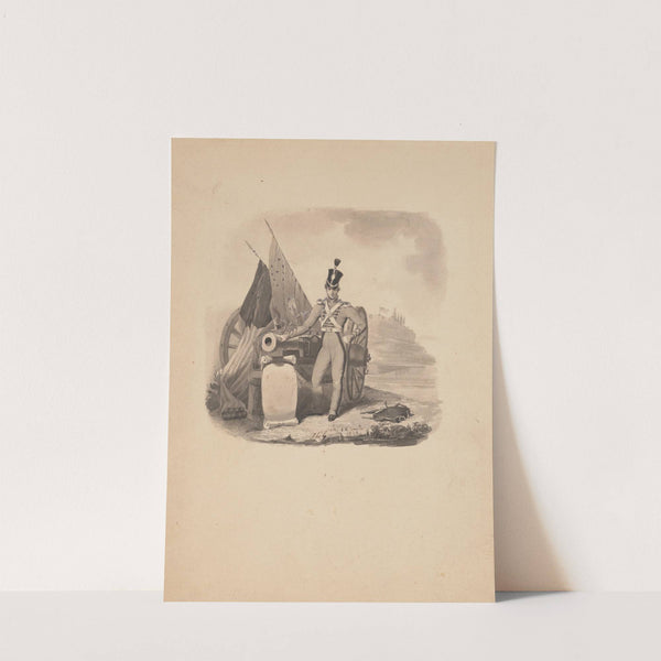 Vignette of a soldier leaning on ordnance with fortifications in distant background (1839) by John Rubens Smith