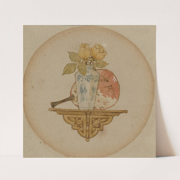 Vignette of fan and vase on a shelf by John George Sowerby