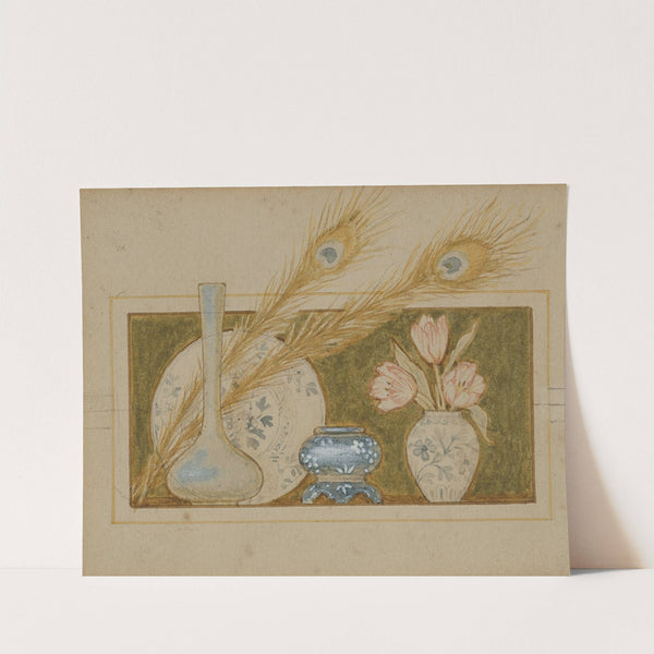 Vignette of two peacock feathers and china by John George Sowerby