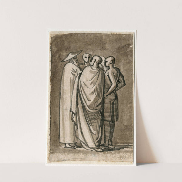 Vijf opeen staande figuren met lange mantels, in gesprek by David Humbert de Superville