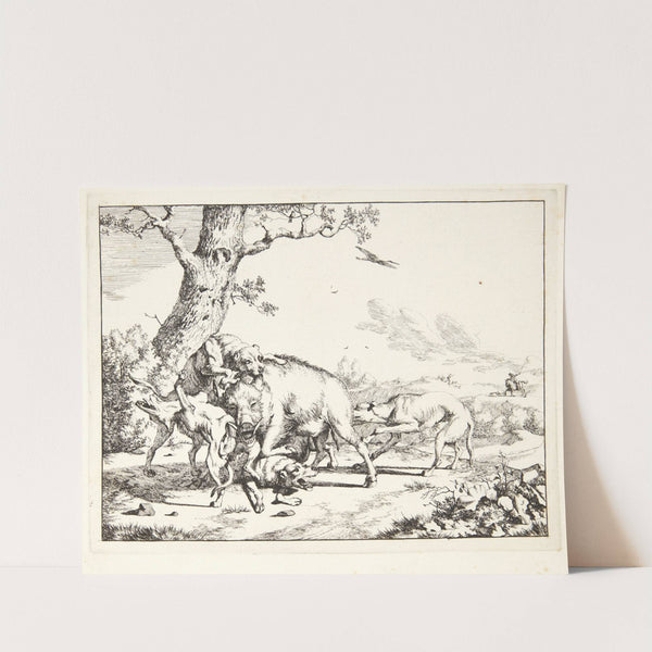 Vildsvin, der angribes af fire hunde by Marcus de Bye