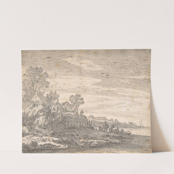 Village on an estuary, with a rowing boat on the shore by Pieter de Molijn