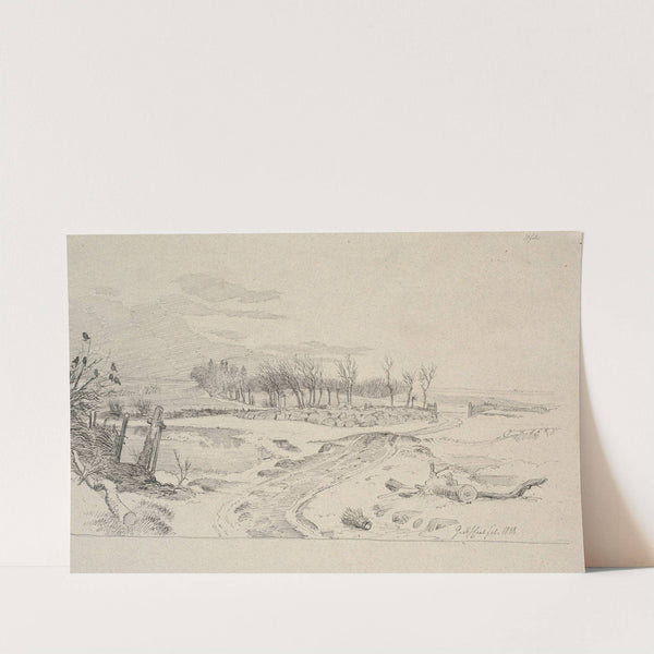 Vinterlandskab med en vej, der slynger sig hen over markerne gennem et led i et stengærde by Johan Thomas Lundbye