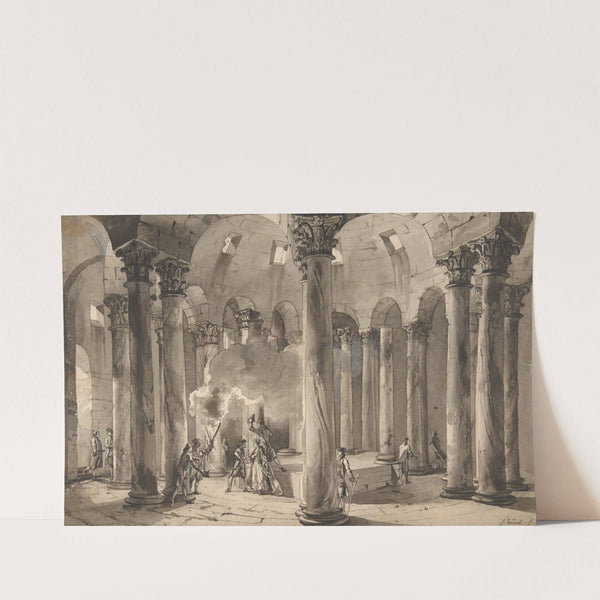 Visitors with Torches Inside a Circular Building by Jean Pierre Louis Laurent Hoüel