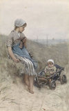 Vissersmeisje met kind in kinderwagen in de duinen