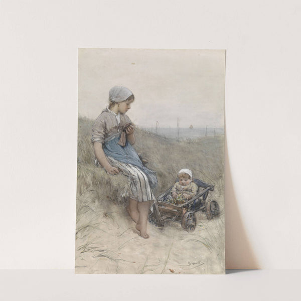 Vissersmeisje met kind in kinderwagen in de duinen (1880) by Bernardus Johannes Blommers