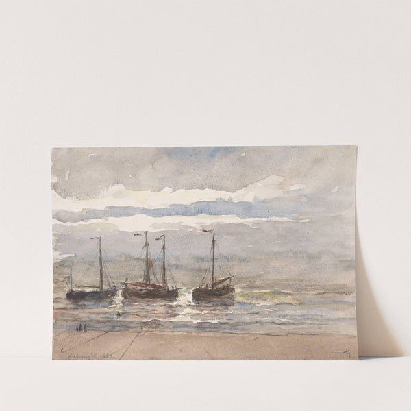 Vissersschepen op het strand van Katwijk bij opkomende vloed by Carel Nicolaas Storm van 's-Gravesande