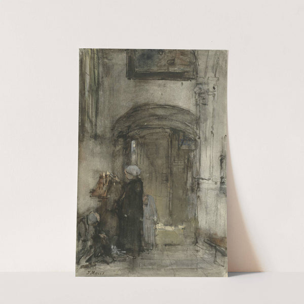 Vissersvrouw met haar dochtertje als 'bruidje' steekt een kerkkaars aan by Jacob Maris