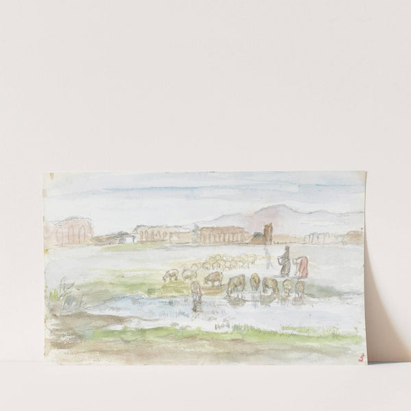 Vlakte met schapen, op de achtergrond ruïnes van een aquaduct (1834 - 1911) by Jozef Israëls