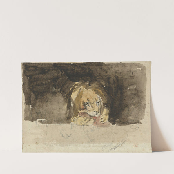 Vleesetende leeuw, van voren gezien, uitkomende tegen een donker fond (1824 - 1829) by Eugène Delacroix