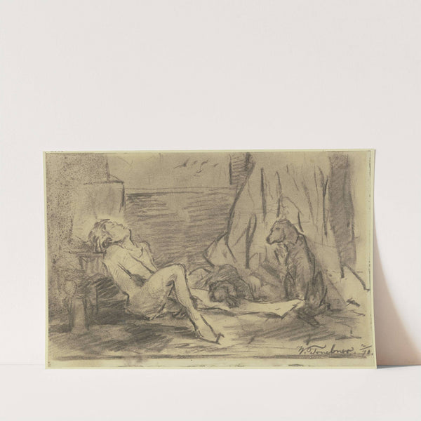 Vom Wein überwältigter junger Mann, bei dem zwei Hunde Wache halten by Wilhelm Trübner