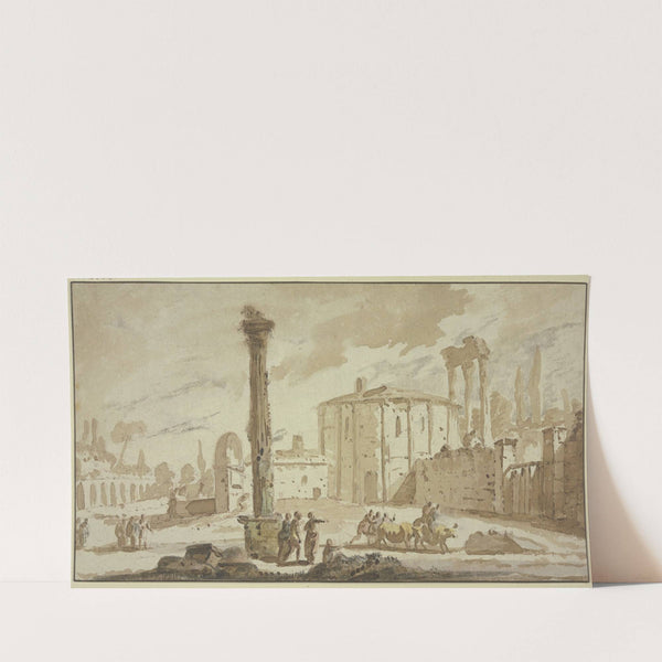 Von Ruinen umstandener Platz mit einer frei stehenden Säule, die Rotunde dem Tempel des Hercules Victor auf dem Forum Boarium in Rom nachempfunden by Jacob van der Ulft