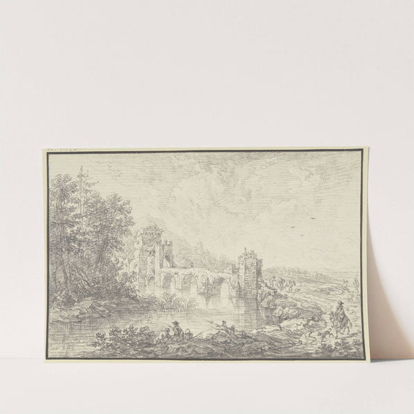 Von Türmen flankierte Brücke, im Vordergrund am Fluß ein Angler und ein Reiter by Franz Schütz