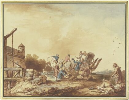 Vor dem Tor einer Festung wird das Gepäck eines Reisenden, der dort mit seiner Kutsche hält, durchsucht, rechts eine Bettlerfamilie mit einem Hund