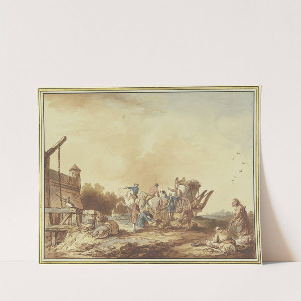 Vor dem Tor einer Festung wird das Gepäck eines Reisenden, der dort mit seiner Kutsche hält, durchsucht, rechts eine Bettlerfamilie mit einem Hund by Francesco Giuseppe Casanova