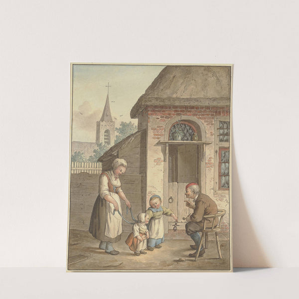 Vor der Haustür sitzt ein alter Mann, dabei eine Magd und zwei Kinder by Johann Friedrich Morgenstern