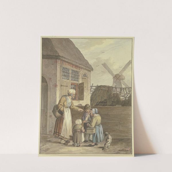Vor einem Haus drei Kinder bei einer alten Frau by Johann Friedrich Morgenstern