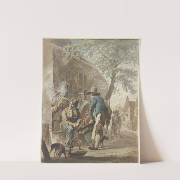 Vor einem Hause bietet ein Bauer mit einem Korb seine Erzeugnisse zum Kauf an, vorn links ein Hund, im Hintergrund ein Betteljunge by Hermanus van Brussel