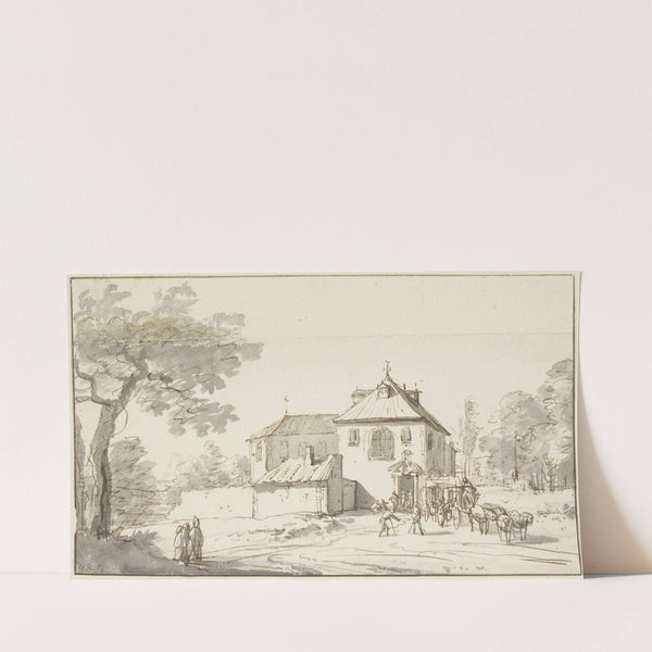 Vor einem Kloster hält ein vierspänniger Wagen by Hendrik Verschuring