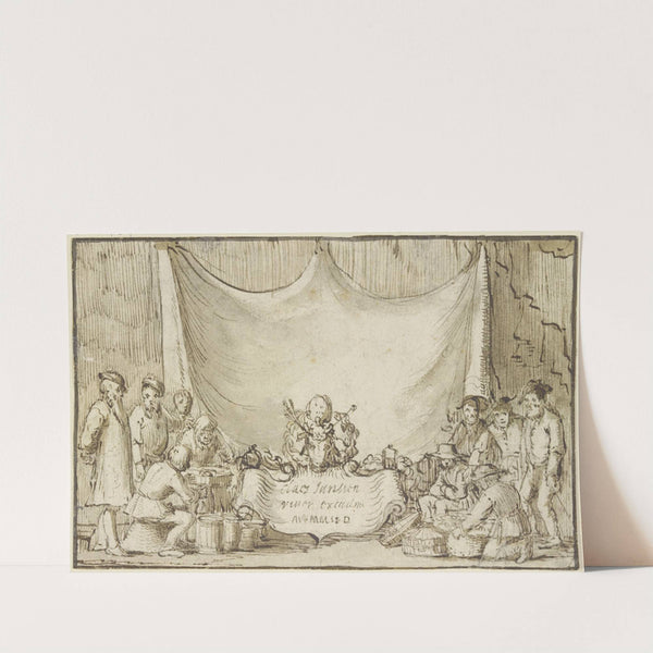 Vor einem Vorhang ein Spruchband, darüber ein geschmückter Ochsenkopf, daneben Fischer und Bauern mit Fässern und Körben by Jan van de Velde II