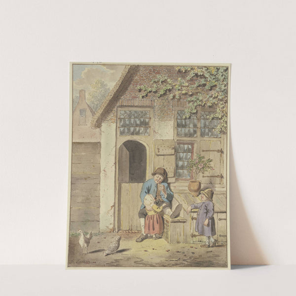 Vor einer Haustür sitzt ein Bauer mit zwei Kindern, dabei zwei Hühner by Johannes Christiaan Janson