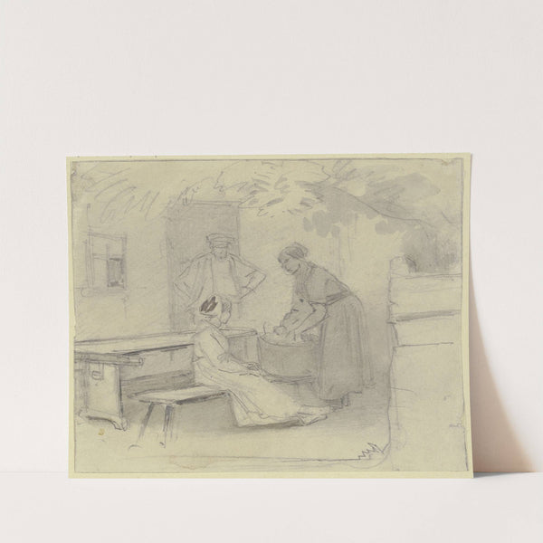 Vor einer Haustür stehen ein Tisch und eine Bank, eine Frau wäscht in einem Zuber, ein Mädchen sitzt dabei, unter der Tür ein Mann by Jakob Fürchtegott Dielmann