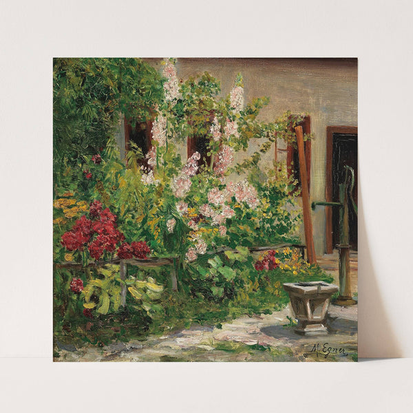 Vorgarten mit blühenden Stockrosen by Marie Egner