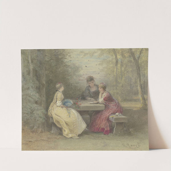 Vorlesung im Park, drei junge Damen in Watteau'schem Kostüm um einen Steintisch sitzend (Laube am Sandhof bei Niederrad) by Philipp Rumpf