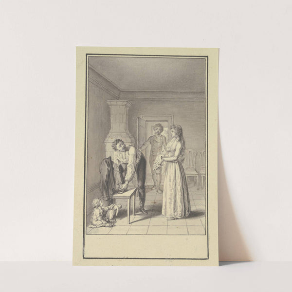 Vorne links ein Mann, der den rechten Fuß auf einen Stuhl gestellt hat und sich Sporen anlegt by Daniel Nikolaus Chodowiecki