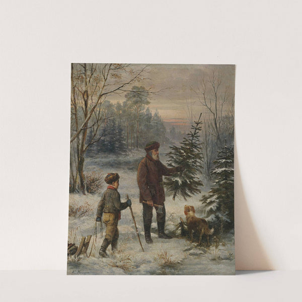 Vorweihnacht. Vater und Sohn schlagen im Winterwald einen Christbaum by Franz Krüger