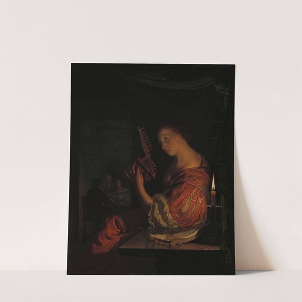 Vrouw die een teorbe stemt by Frans van Mieris the Elder