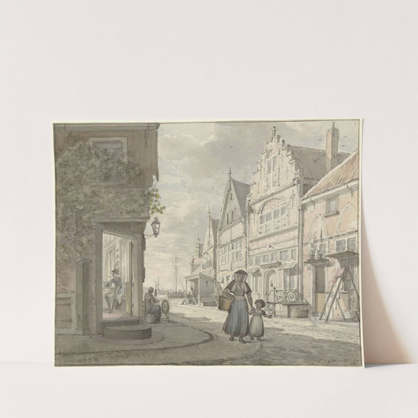 Vrouw en een kind lopen op straat in een vissersdorp by Johannes Jelgerhuis