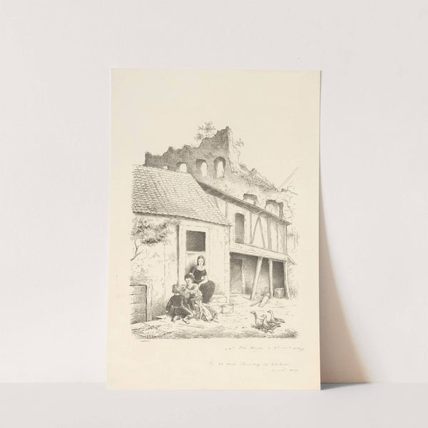 Vrouw en kinderen op stoep spelend met puppy’s (1864) by Alexander Ver Huell