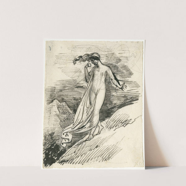 Vrouw m. wapperend gewaad en haar, wandelend i.d. bergen by David Humbert de Superville