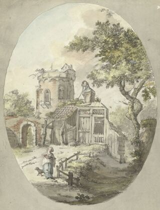 Vrouw met hond voor bouwval aan een toren (1782 - 1837)