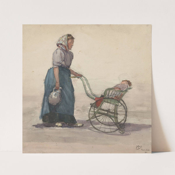 Vrouw met kruik en kinderwagen, naar rechts by Johannes Abraham Mondt