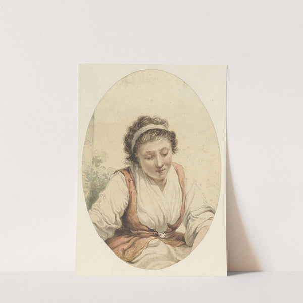 Vrouw met rood vest en wit lint in het haar by Jacob van Strij